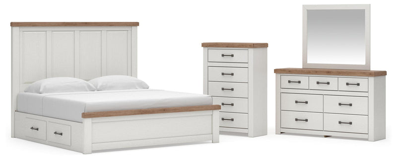 Savonport King Panel Bed with Storage, Dresser, Mirror and Chest in White/Brown - PKG025406
