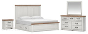 Savonport King Panel Bed with Storage. Dresser, Mirror and Nightstand in White/Brown - PKG025405