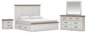 Savonport King Panel Bed with Storage. Dresser, Mirror and Nightstand in White/Brown - PKG025519