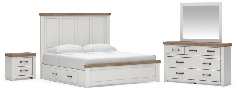 Savonport King Panel Bed with Storage. Dresser, Mirror and Nightstand in White/Brown - PKG025519