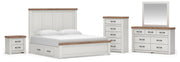 Savonport King Panel Bed with Storage, Dresser, Mirror, Chest and Nightstand in White/Brown - PKG025407
