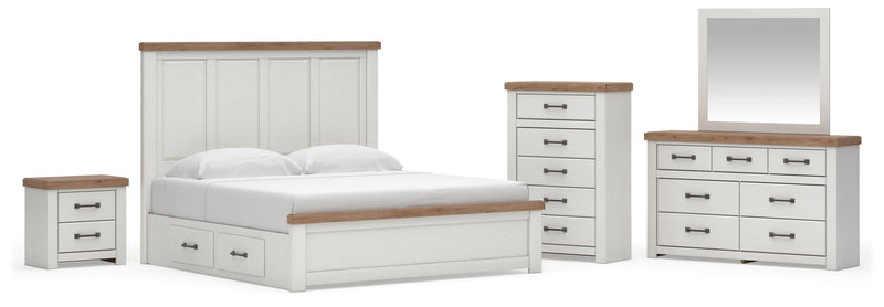 Savonport King Panel Bed with Storage, Dresser, Mirror, Chest and Nightstand in White/Brown - PKG025407