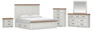 Savonport King Panel Bed with Storage, Dresser, Mirror, Chest and Nightstand in White/Brown - PKG025521