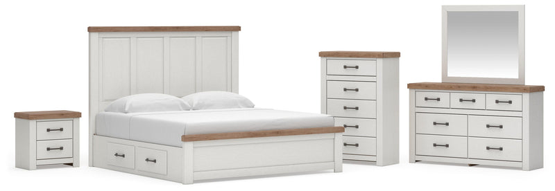 Savonport King Panel Bed with Storage, Dresser, Mirror, Chest and Nightstand in White/Brown - PKG025521