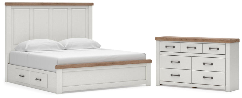 Savonport King Panel Bed with Storageand Dresser in White/Brown - PKG025408