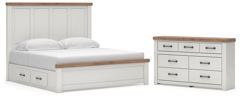 Savonport King Panel Bed with Storageand Dresser in White/Brown - PKG025522