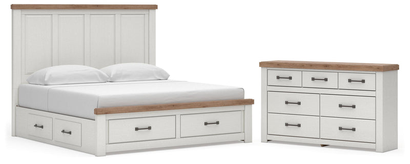 Savonport King Panel Storage Bed and Dresser in White/Brown - PKG025315