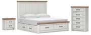 Savonport King Panel Storage Bed, Chest and Nightstand in White/Brown - PKG025311