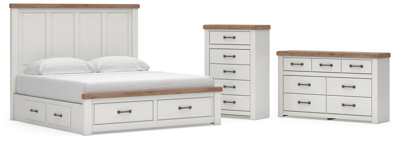 Savonport King Panel Storage Bed, Dresser and Chest in White/Brown - PKG025310