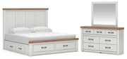 Savonport King Panel Storage Bed, Dresser and Mirror in White/Brown - PKG025309
