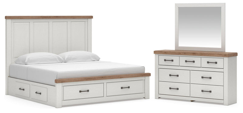 Savonport King Panel Storage Bed, Dresser and Mirror in White/Brown - PKG025309