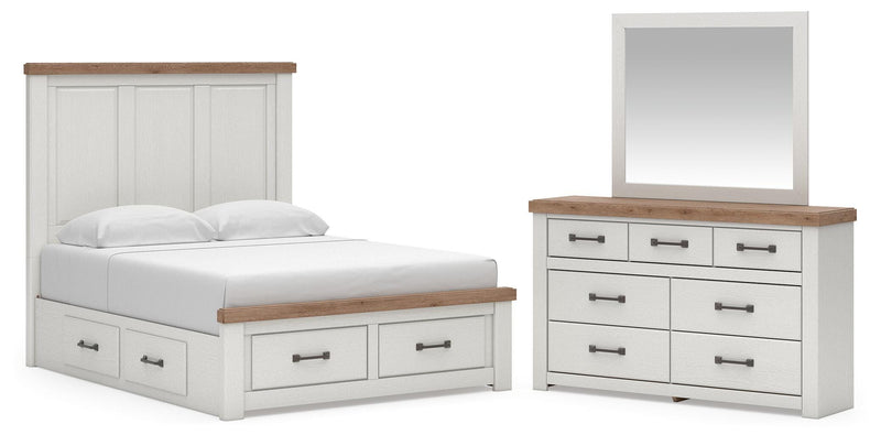 Savonport King Panel Storage Bed, Dresser and Mirror in White/Brown - PKG025532