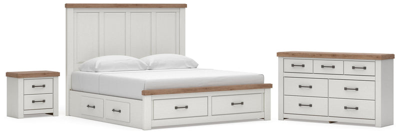 Savonport King Panel Storage Bed, Dresser and Nightstand in White/Brown - PKG025316