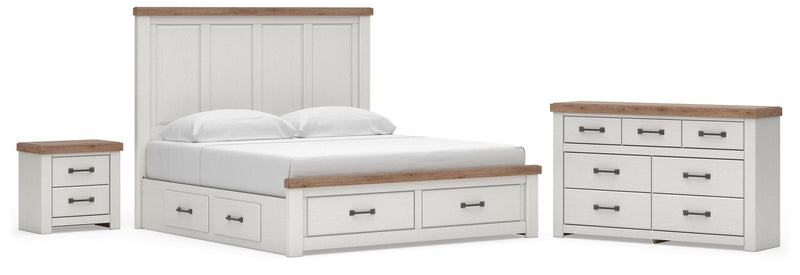 Savonport King Panel Storage Bed, Dresser and Nightstand in White/Brown - PKG025539