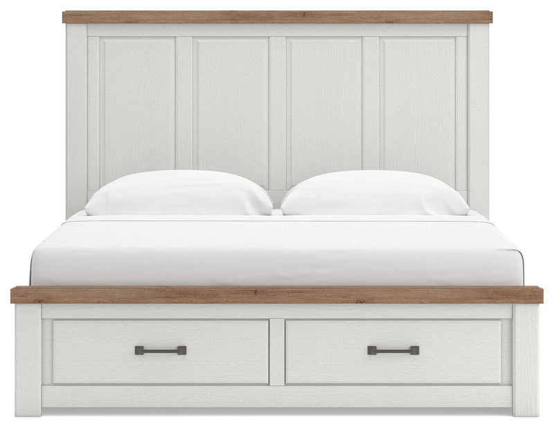 Savonport King Panel Storage Bed, Dresser and Nightstand in White/Brown - PKG025539