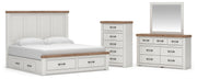 Savonport King Panel Storage Bed, Dresser, Mirror and Chest in White/Brown - PKG025313
