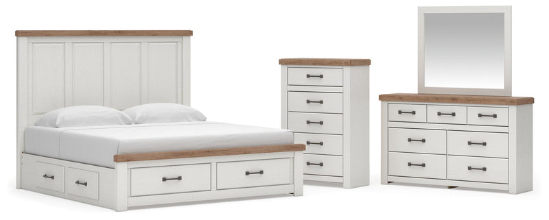 Savonport King Panel Storage Bed, Dresser, Mirror and Chest in White/Brown - PKG025313