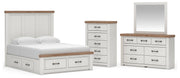 Savonport King Panel Storage Bed, Dresser, Mirror and Chest in White/Brown - PKG025536