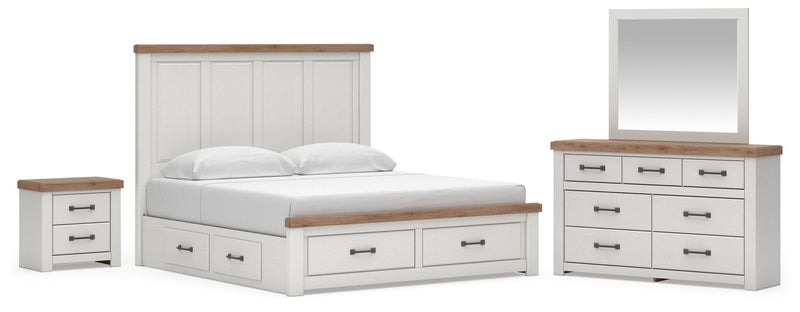 Savonport King Panel Storage Bed. Dresser, Mirror and Nightstand in White/Brown - PKG025312