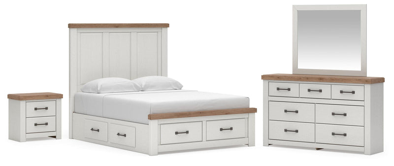 Savonport King Panel Storage Bed. Dresser, Mirror and Nightstand in White/Brown - PKG025535