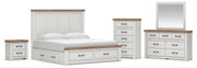 Savonport King Panel Storage Bed, Dresser, Mirror, Chest and Nightstand in White/Brown - PKG025314