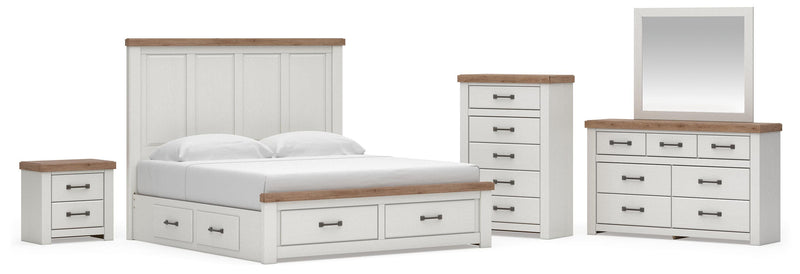 Savonport King Panel Storage Bed, Dresser, Mirror, Chest and Nightstand in White/Brown - PKG025314