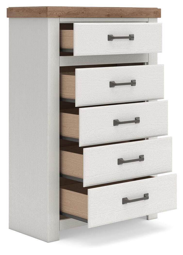 Savonport Queen Panel Bed, Chest and Nightstand in White/Brown - PKG025558