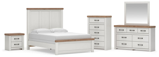 Savonport Queen Panel Bed, Dresser, Mirror, Chest and Nightstand in White/Brown - PKG025561