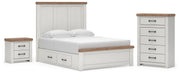 Savonport Queen Panel Bed with Storage, Chest and Nightstand in White/Brown - PKG025510