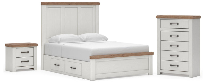 Savonport Queen Panel Bed with Storage, Chest and Nightstand in White/Brown - PKG025510
