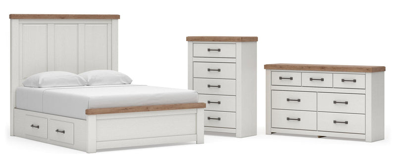 Savonport Queen Panel Bed with Storage, Dresser and Chest in White/Brown - PKG025509