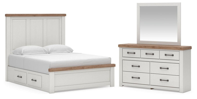 Savonport Queen Panel Bed with Storage, Dresser and Mirror in White/Brown - PKG025324