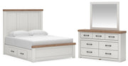Savonport Queen Panel Bed with Storage, Dresser and Mirror in White/Brown - PKG025508