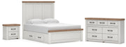 Savonport Queen Panel Bed with Storage, Dresser and Nightstand in White/Brown - PKG025401