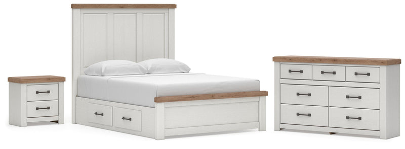 Savonport Queen Panel Bed with Storage, Dresser and Nightstand in White/Brown - PKG025401