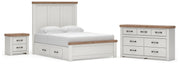 Savonport Queen Panel Bed with Storage, Dresser and Nightstand in White/Brown - PKG025515