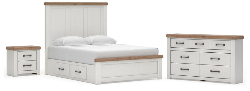 Savonport Queen Panel Bed with Storage, Dresser and Nightstand in White/Brown - PKG025515