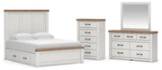 Savonport Queen Panel Bed with Storage, Dresser, Mirror and Chest in White/Brown - PKG025398