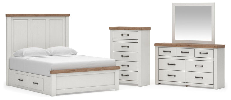 Savonport Queen Panel Bed with Storage, Dresser, Mirror and Chest in White/Brown - PKG025398