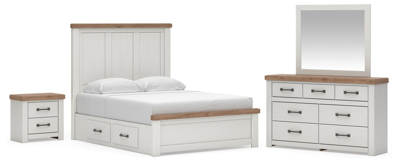 Savonport Queen Panel Bed with Storage. Dresser, Mirror and Nightstand in White/Brown - PKG025397