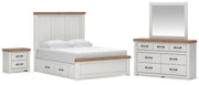 Savonport Queen Panel Bed with Storage. Dresser, Mirror and Nightstand in White/Brown - PKG025511