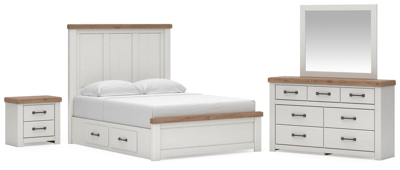 Savonport Queen Panel Bed with Storage. Dresser, Mirror and Nightstand in White/Brown - PKG025511
