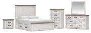 Savonport Queen Panel Bed with Storage, Dresser, Mirror, Chest and Nightstand in White/Brown - PKG025399