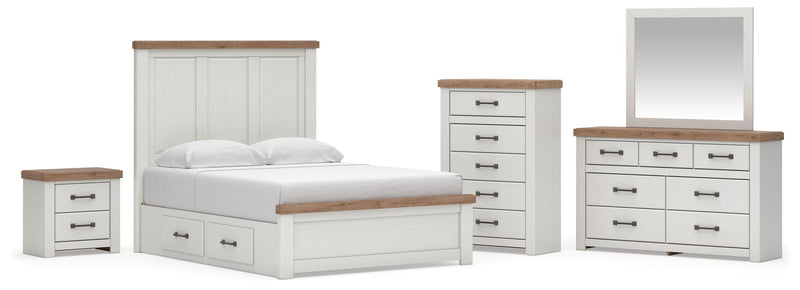 Savonport Queen Panel Bed with Storage, Dresser, Mirror, Chest and Nightstand in White/Brown - PKG025399