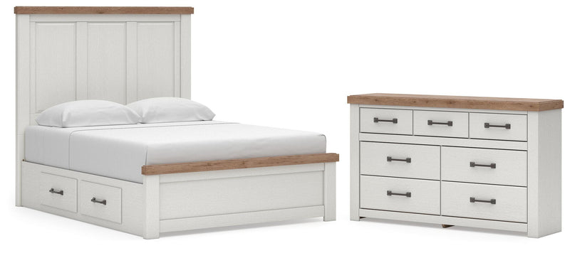 Savonport Queen Panel Bed with Storageand Dresser in White/Brown - PKG025400