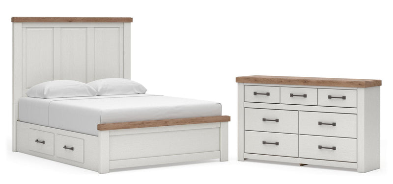 Savonport Queen Panel Bed with Storageand Dresser in White/Brown - PKG025514