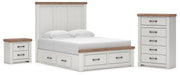 Savonport Queen Panel Storage Bed, Chest and Nightstand in White/Brown - PKG025526