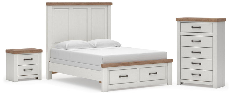 Savonport Queen Panel Storage Bed, Chest and Nightstand in White/Brown - PKG025582