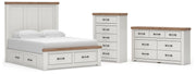 Savonport Queen Panel Storage Bed, Dresser and Chest in White/Brown - PKG025525