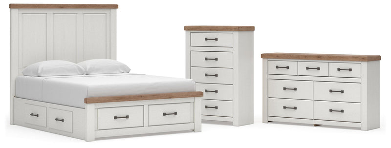 Savonport Queen Panel Storage Bed, Dresser and Chest in White/Brown - PKG025525
